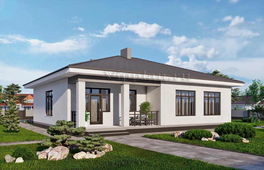 Одноэтажный дом с террасой, тремя спальнями и отделкой штукатуркой